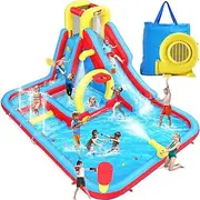 Whubefy Inflatable Water Slide Obstacle Course for Kids Backyard Blow Up Water Park with 3 Interactive Aqua Hurdles, Deep Pool with Sprinkler, Long Slide Large Splash Pool, Arch with Basketball Hoop
