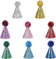 Pet Party Hats with Pom Pom, 8 Pack, Adjustable Mini Birthday Hats for Small Dogs and Cats, Reusable