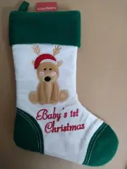Baby's First Christmas Stocking Reindeer Bear Green Plush
