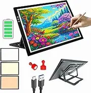 A3 Wireless Rechargeable Tracing Light Pad, 3-Colors & 8-Level Adjustable Brightness, 2500mAh Battery Powered Ultra-Thin Light Board with Foldable Stand for Diamond Art Painting
