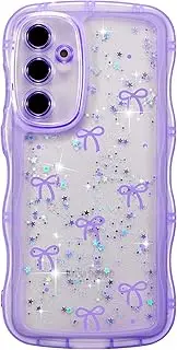 [ZTOFERA] for Samsung Galaxy S24 Plus Case, Cute Wave Frame Curly Bow TPU Transparent Slim Bowknot Shockproof Glitter Cover, Purple