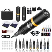 Tattoo Machine Kit Wireless Motor Pen Gun Color Ink Power Supply Needle Battery Gold