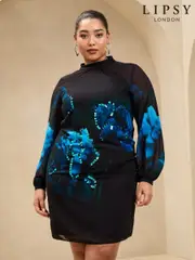 Lipsy Black Curve Sequin Floral Printed Long Sleeve Shift Mini Dress (AL3781) | $72