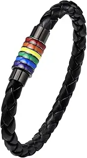 [Nanafast] Titanium Stainless Steel Rainbow LGBT Pride Bracelet Handmade Braided LGBTQ Pride Bracelets PU Leather Weave Plaited Wristband Jewelry