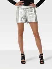 Silver Leather Belted Mini Shorts