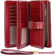 Women's Leather Wallet, Large, Women's Wallet, Large, Many Compartments, Long Wallet, Women's Protection Red