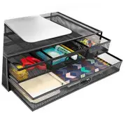 Computer Monitor Stand With Drawers, Metal Mesh Riser and Organizer for