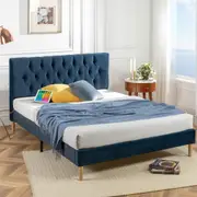 Zinus Queen Misty Upholstered Velvet Bed Frame Navy Blue With USB