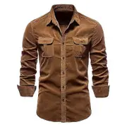 Men's Autumn and Winter Cotton Basic Corduroy Business Slim Fitting Casual Shirt Long Sleeved Jacket dark brown M