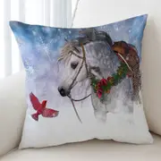 Snowy Christmas with Red Bird and White Horse Cushion Cover