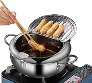 Deep Fryer Pot, Japanese Tempura Small Deep Fryer Stainless Steel Frying Pot With Thermometer,Lid And Oil Drip Drainer Rack for French Fries Shrimp Chicken Wings and Shrimp (20cm/7.9inch)