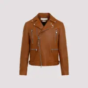 [Alexander Mcqueen] Alexander Mcqueen-Brown Essential Leather Biker Jacket-Uomo 48 IT