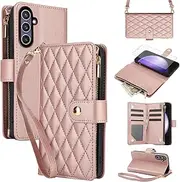 [Asuwish] Mobile Phone Case for Samsung Galaxy S23 FE 5G Case with Strap Film Protective Film Card Slot Foldable Leather Wallet Stand S 23 S23FE 23FE Mobile Phone Cases Protective Mobile Phone Case Rose