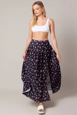 Black Floral Maxi Skirt Bouquet Ditsy Side Split Skirt - Size 12, Women's Maxi Skirt