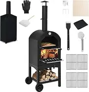 [Costway] Portable Outdoor Pizza Oven, Patio Grill, Wood-fired Maker w/Stone, Waterproof Cover and Peel, Camping Cooker, Heater for Backyard, Black