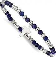 [JewelryWeb] Stainless Steel Polished 4mm Lapis Beaded With Religious Faith Cross Dangle-Beaded Stretch Bracelet-Stretch-Bracelet for Women