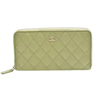 【CHANEL 香奈兒】經典金色雙C LOGO菱格紋小羊皮拉鍊長夾(蘋果綠色AP0242L-GREEN-GP)