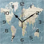 Naanle World Map Square Wall Clock, World Map Silent Non Ticking Wall Clocks Battery Operated for Home Office School Decor