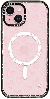 [CASETiFY] Impact iPhone 15 Case [4X Military Grade Drop Tested / 8.2ft Drop Protection/Compatible with Magsafe] - Pattern Print - Hearts/Light Pink Thin - Clear Black