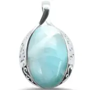 Natural Larimar Oval .925 Sterling Silver Charm Pendant