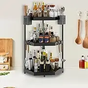 Kitchen Corner Shelf, Multifunctional 3 Tiers Desktop Condiment Rack with Hooks and Folks Box, Space Saving Triangle Countertop Organizer for Spice, Flavour