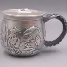 Solid 999 Fine Silver Tea Cup Heat Insulation Fish Pattern With Handle Teacup
