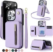 For iPhone 11 12 13 14 15 Pro XR XS 7 8 SE Leather Card Wallet Case with Lanyard