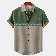 Men's Geometric Linen Shirt Summer Hawaiian Shirt Button Up Shirt Short Sleeve Vintage Artistic Vacation Holiday Beach Wear Summer Spring Turndown Color Block