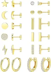 [Kakonia] Flat Back Stud Earrings Set for Multiple Piercing Bar Earrings for Women Hypoallergenic Flatback Cartilage Earrings