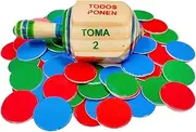 Wooden Pirinola Toma Todo with Chips - Set of 1 Handmade and Hand Painted 3.5 Inches Tall Wood Spinning Tops Traditional Game in Spanish (Deluxe)