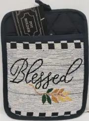 Fabric Tapestry Jumbo Pot Holder (7" x 9") BLESSED & MULTICOLOR LEAVES,HC