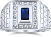 [Bling Jewelry] Personalized Geometric Brick Design Band Rectangle 2CT Emerald Cut CZ Simulated Blue Sapphire Gemstone Black Onyx Mens Engagement Ring Band For Men Customizable