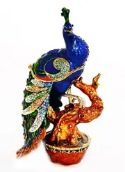 Bejeweled Peacock on Branch Trinket Box. Hand Made with Crystals & Enamel