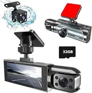3 Channel Dash Cam Front and Rear Inside for Cars, 4K Full UHD Car Camera with 32GB Card, IR Night Vision, 3.18” IPS Screen, 176° Wide Angle, 24H Parking Monitor, G-Sensor, Loop Recording