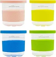 [joystar] Ice Creami Containers,Compatible with Ninja Creami Pints and Lids - 4 Pack with Silicone sleeve, 16oz Cups NC301 NC300 NC299AMZ Series Ice Cream Maker, Color Lids (Yellow/Blue/Green/Pink)