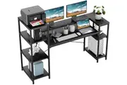 63 Large Industrial Computer Desk with Storage Shelves, Printer Stand & Bookshelf - Black