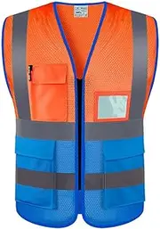 Reflective Vest Motorcycle High Visibility Reflective Safety Vest Safety Clothing Work Reflective Vest Multi Pockets Workwear Waistcoat Men Cat Reflective Vest (Color : Orange Blue mesh, Size : One