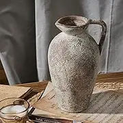 PORCER 9.3 Inch Antique Ceramic Vase, Terracotta Vase with Handle, Boho Decor Farmhouse Decorative Vase, Rustic Vase for Home Decor, Living Room, Entryway, Wedding - Distressed Design, Gray