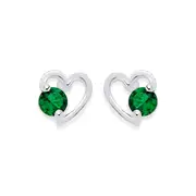 Silver Dark Green Cz Open Heart Stud Earrings in Green