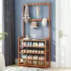 Industrial Bamboo Shoes Storage Rack Coat Hanger 8Hooks Hall Tree Entryway Shelf