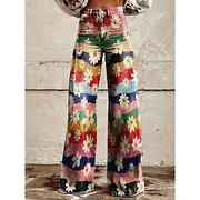 Retro Vintage Boho 1970s Pants Wide Legged Pants Hippie Disco High Waist Floral Faux Jeans Style Women's Halloween Carnival Music Festival Pride Parade Retro T