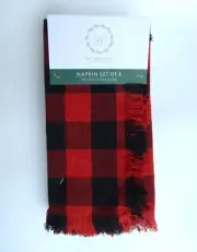 RACHEL ASHWELL Farmhouse Set of 8 Buffalo Plaid NAPKINS Holiday Red Black Fringe