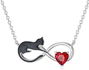 [Reaii] Natural Garnet Black Cat Necklace for Women 925 Sterling Silver Infinity and Cat Pendant Black Cat Jewelry Gifts for Cat Lovers, Sterling Silver, Garnet