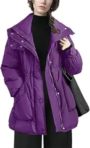 [Generic] Women Hooded Warm Thickened White Duck Down Padding Puffer Coat With Pockets Lapel Collar Jacket