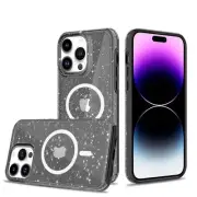 For iPhone 15 Case Magnetic Circle Glitter Protective Cover + 2 Tempered Glass