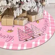 Pink Christmas Tree Skirt, 48 Inch Merry Christmas Tree Decoration for Xmas Farmhouse Indoor New Year Decor and Party Supplies