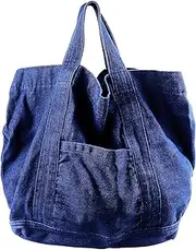 [FERCAISH] Dark Blue Denim Handbag, Women's Shopper Jeans Bag, Casual Denim Bag, Retro Jeans Shoulder Bag, for Work, Travel, Shopping, Everyday Use, blue