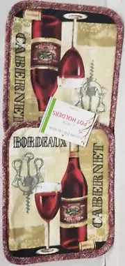Set of 2 Same Printed Jumbo Pot Holders,7"x8",WINE BOTTLE,GLASS & CORK OPENER,AM