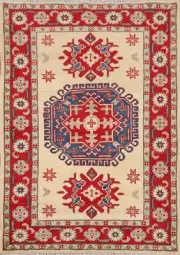 Geometric Ivory/ Red Super Kazak Tribal Traditional Handmade Accent Rug 3'x4'