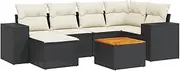 vidaxl 7-Piece Garden Sofa Set - Modular Black Poly Rattan Lounge with Cushions & Storage - Acacia Wood Tabletop